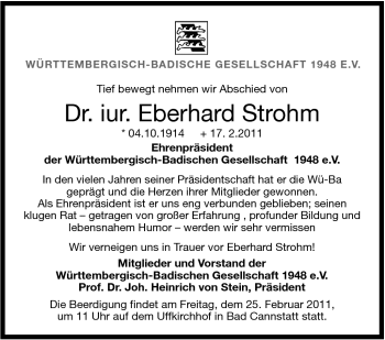Traueranzeige von Eberhard Strohm von Stuttgarter Zeitung / Stuttgarter Nachrichten