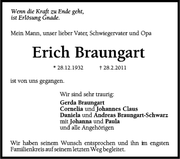 Traueranzeige von Erich Braungart von Stuttgarter Zeitung / Stuttgarter Nachrichten