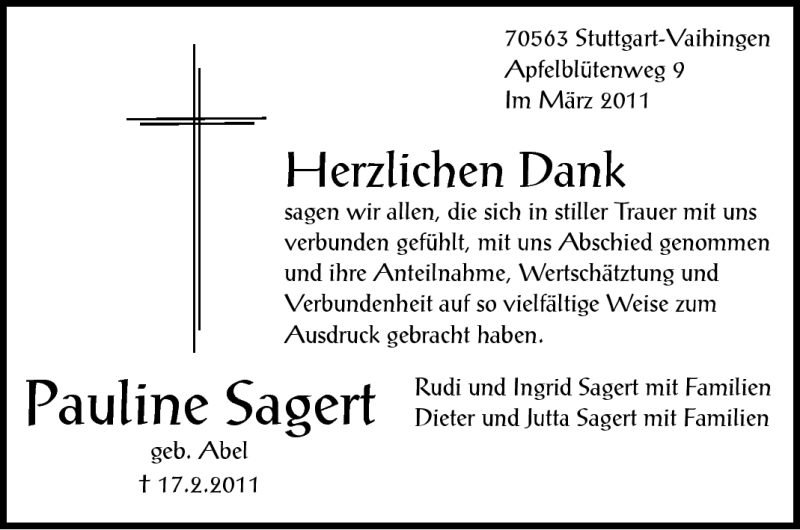  Traueranzeige für Pauline Sagert vom 09.03.2011 aus Stuttgarter Zeitung / Stuttgarter Nachrichten