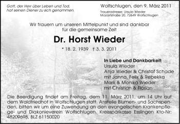 Traueranzeige von Horst Wieder von Stuttgarter Zeitung / Stuttgarter Nachrichten