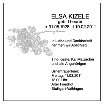 Traueranzeige von Elsa Kizele von Stuttgarter Zeitung / Stuttgarter Nachrichten