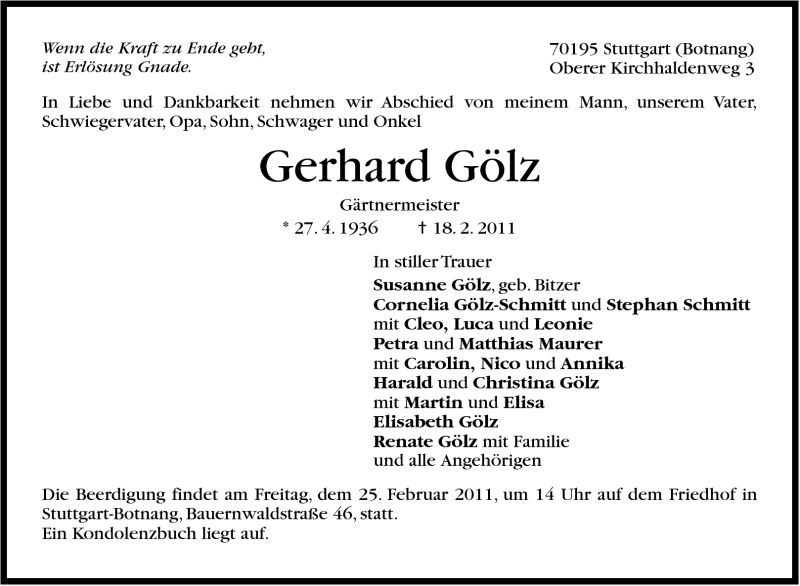  Traueranzeige für Gerhard Gölz vom 22.02.2011 aus Stuttgarter Zeitung / Stuttgarter Nachrichten