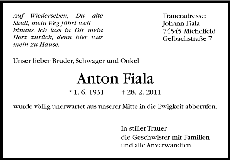  Traueranzeige für Anton Fiala vom 05.03.2011 aus Stuttgarter Zeitung / Stuttgarter Nachrichten