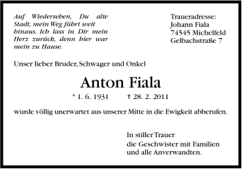 Traueranzeige von Anton Fiala von Stuttgarter Zeitung / Stuttgarter Nachrichten