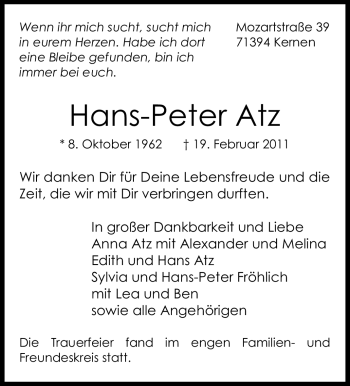 Traueranzeige von Hans-Peter Atz von Stuttgarter Zeitung / Stuttgarter Nachrichten