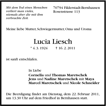 Traueranzeige von Lucia Liesch von Stuttgarter Zeitung / Stuttgarter Nachrichten