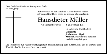 Traueranzeige von Hansdieter Müller von Stuttgarter Zeitung / Stuttgarter Nachrichten