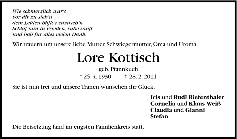  Traueranzeige für Lore Kottisch vom 08.03.2011 aus Stuttgarter Zeitung / Stuttgarter Nachrichten