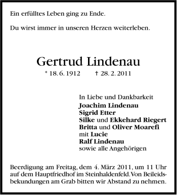 Traueranzeige von Gertrud Lindenau von Stuttgarter Zeitung / Stuttgarter Nachrichten