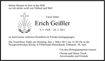 Traueranzeige von Erich Geißler von Stuttgarter Zeitung / Stuttgarter Nachrichten