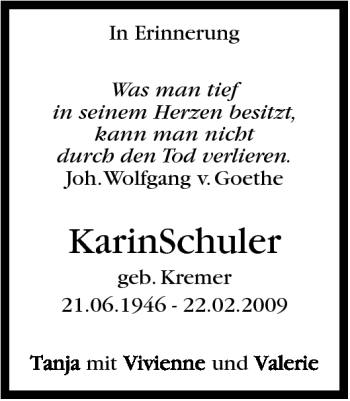 Traueranzeige von Karin Schuler von Stuttgarter Zeitung / Stuttgarter Nachrichten