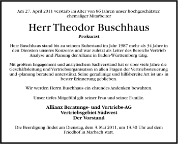 Traueranzeige von Theodor Buschhaus von Marbacher Zeitung