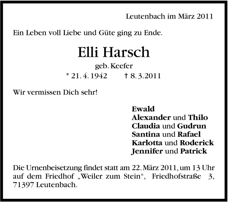  Traueranzeige für Elli Harsch vom 19.03.2011 aus Stuttgarter Zeitung / Stuttgarter Nachrichten