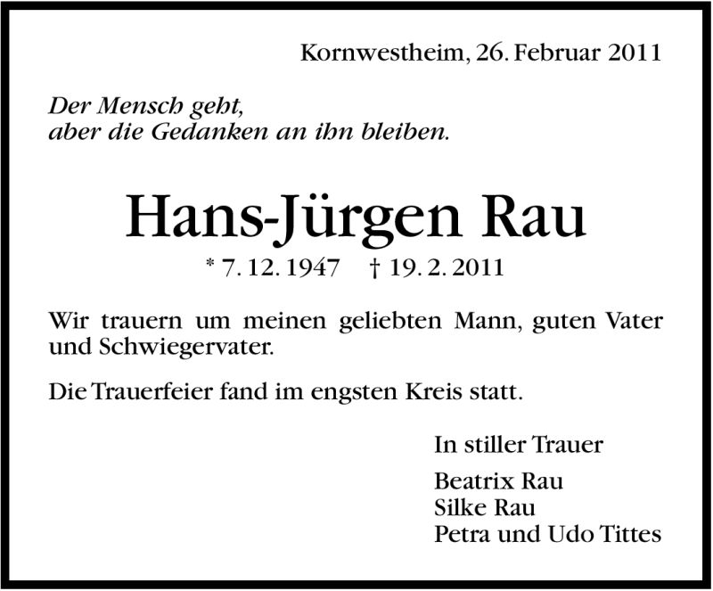  Traueranzeige für Hans-Jürgen Rau vom 26.02.2011 aus Stuttgarter Zeitung / Stuttgarter Nachrichten
