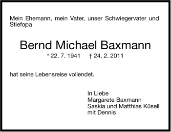 Traueranzeige von Bernd Michael Baxmann von Stuttgarter Zeitung / Stuttgarter Nachrichten
