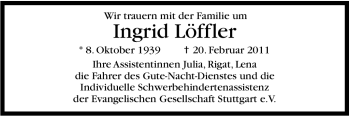 Traueranzeige von Ingrid Löffler von Stuttgarter Zeitung / Stuttgarter Nachrichten