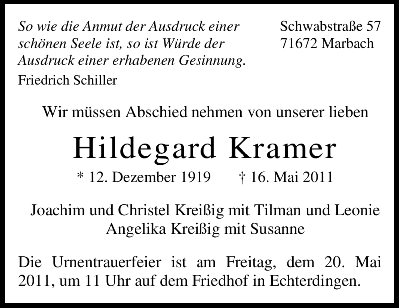  Traueranzeige für Hildegard Kramer vom 19.05.2011 aus Marbacher Zeitung
