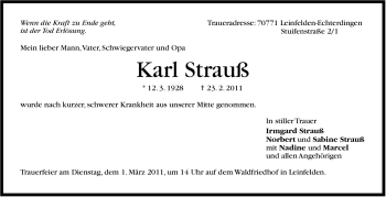 Traueranzeige von Karl Strauß von Stuttgarter Zeitung / Stuttgarter Nachrichten