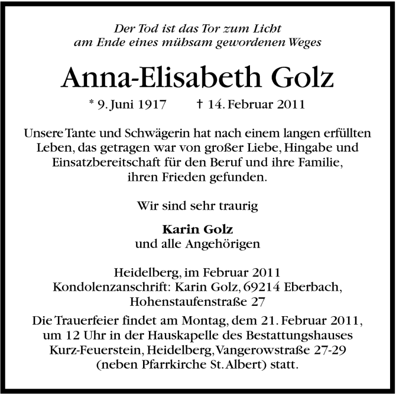  Traueranzeige für Anna-Elisabeth Golz vom 19.02.2011 aus Stuttgarter Zeitung / Stuttgarter Nachrichten