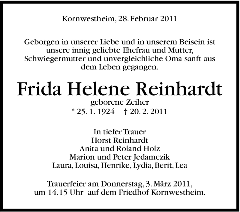  Traueranzeige für Helene Reinhardt vom 28.02.2011 aus Stuttgarter Zeitung / Stuttgarter Nachrichten