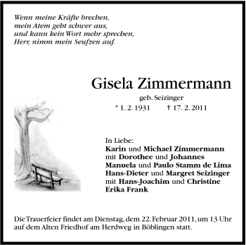Traueranzeige von Gisela Zimmermann von Stuttgarter Zeitung / Stuttgarter Nachrichten