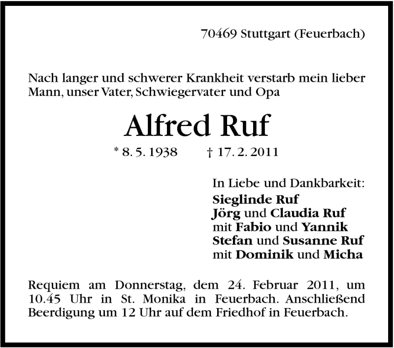  Traueranzeige für Alfred Ruf vom 19.02.2011 aus Stuttgarter Zeitung / Stuttgarter Nachrichten