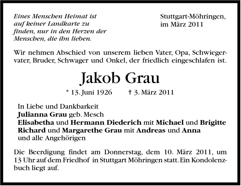  Traueranzeige für Jakob Grau vom 08.03.2011 aus Stuttgarter Zeitung / Stuttgarter Nachrichten