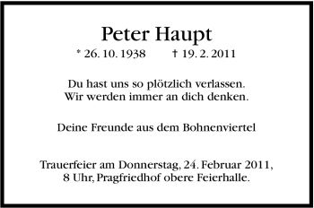 Traueranzeige von Peter Haupt von Stuttgarter Zeitung / Stuttgarter Nachrichten