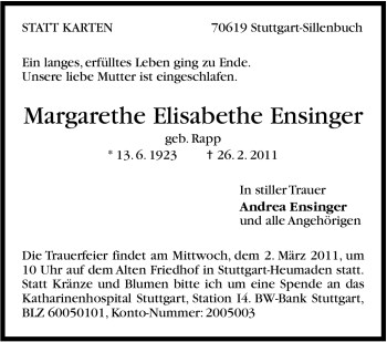 Traueranzeige von Margarethe Elisabethe Ensinger von Stuttgarter Zeitung / Stuttgarter Nachrichten