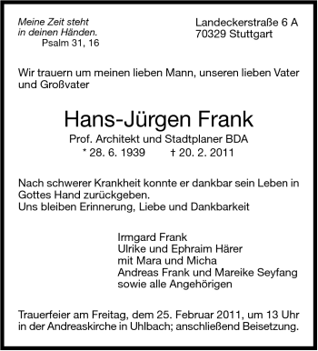 Traueranzeige von Hans-Jürgen Frank von Stuttgarter Zeitung / Stuttgarter Nachrichten