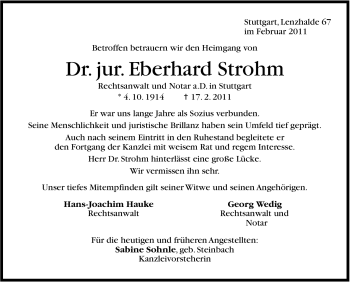 Traueranzeige von Eberhard Strohm von Stuttgarter Zeitung / Stuttgarter Nachrichten
