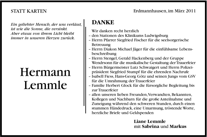  Traueranzeige für Hermann Lemmle vom 18.03.2011 aus Marbacher Zeitung