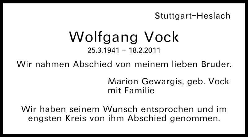  Traueranzeige für Wolfgang Vock vom 24.02.2011 aus Stuttgarter Zeitung / Stuttgarter Nachrichten