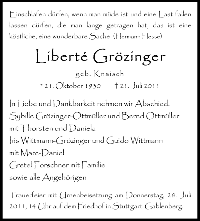  Traueranzeige für Liberté Grözinger vom 26.07.2011 aus Stuttgarter Zeitung / Stuttgarter Nachrichten