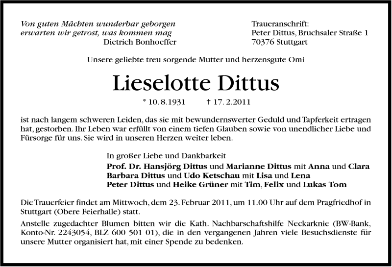  Traueranzeige für Lieselotte Dittus vom 19.02.2011 aus Stuttgarter Zeitung / Stuttgarter Nachrichten