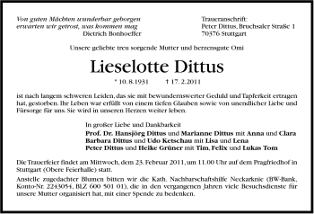 Traueranzeige von Lieselotte Dittus von Stuttgarter Zeitung / Stuttgarter Nachrichten