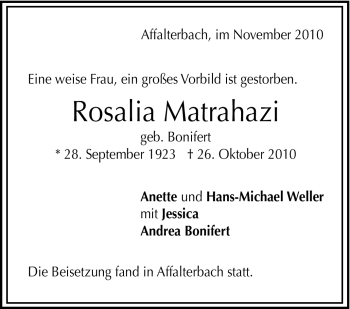 Traueranzeige von Rosalia Matrahazi von Marbacher Zeitung