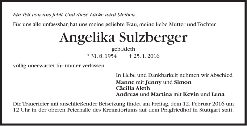  Traueranzeige für Angelika Sulzberger vom 30.01.2016 aus Stuttgarter Zeitung