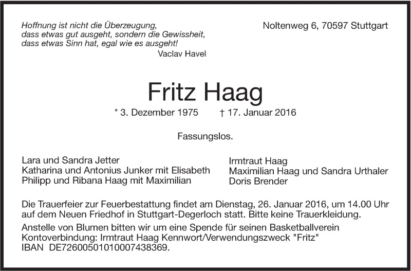  Traueranzeige für Fritz Haag vom 23.01.2016 aus Stuttgarter Zeitung / Stuttgarter Nachrichten