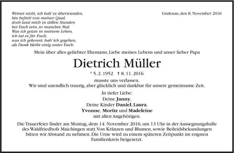  Traueranzeige für Dietrich Müller vom 10.11.2016 aus Stuttgarter Zeitung / Stuttgarter Nachrichten