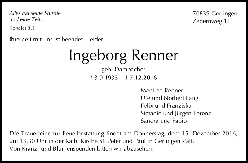  Traueranzeige für Ingeborg Renner vom 10.12.2016 aus Stuttgarter Zeitung / Stuttgarter Nachrichten