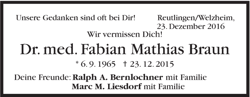  Traueranzeige für Fabian Mathias Braun vom 23.12.2016 aus Stuttgarter Zeitung / Stuttgarter Nachrichten