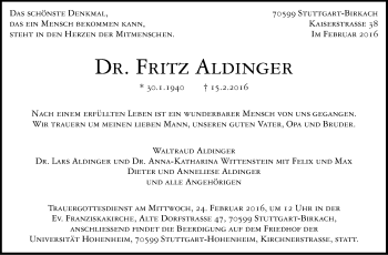 Traueranzeige von Fritz Aldinger von Stuttgarter Zeitung / Stuttgarter Nachrichten