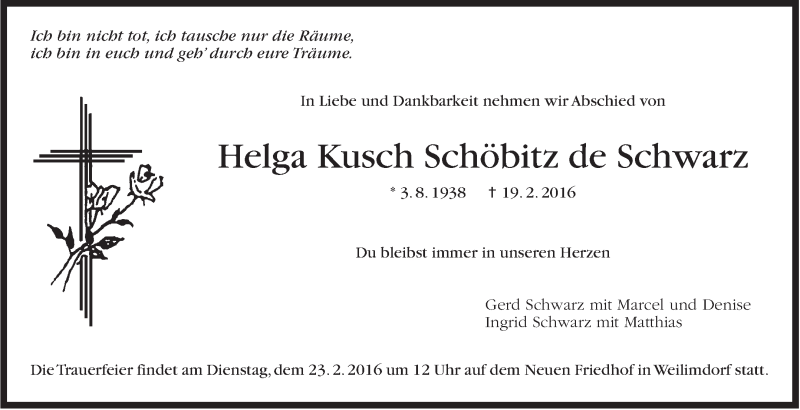  Traueranzeige für Helga Kusch Schöbitz de Schwarz vom 20.02.2016 aus Stuttgarter Zeitung / Stuttgarter Nachrichten