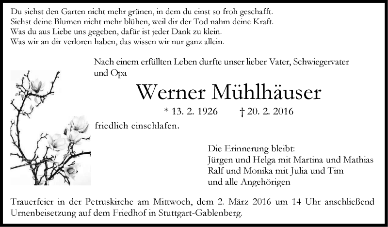  Traueranzeige für Werner Mühlhäuser vom 27.02.2016 aus Stuttgarter Zeitung / Stuttgarter Nachrichten