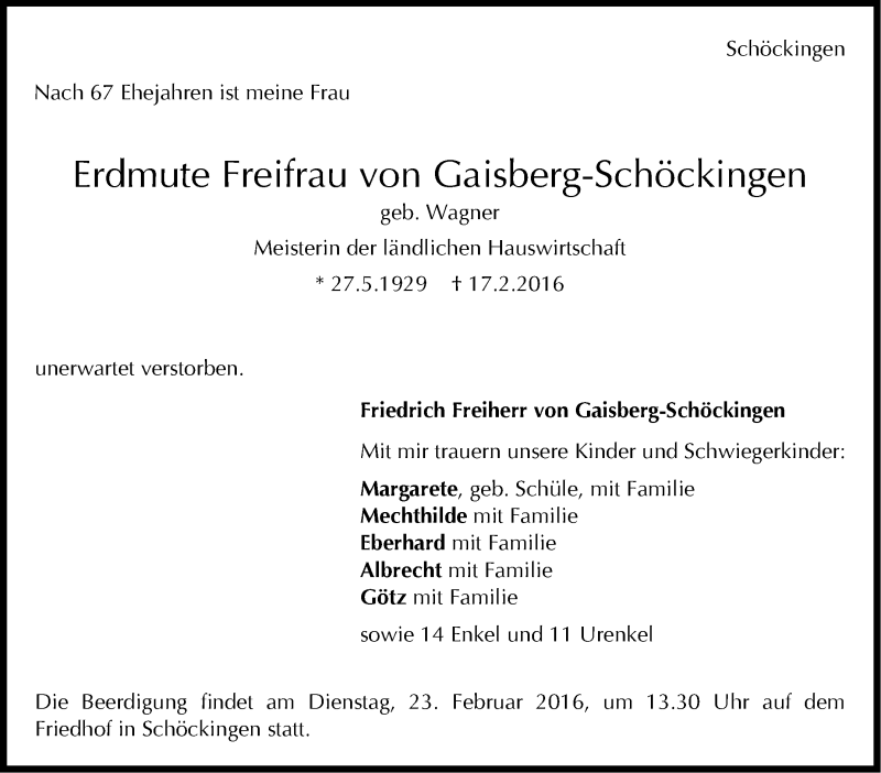  Traueranzeige für Erdmute  Freifrau von Gaisberg-Schöckingen vom 19.02.2016 aus Stuttgarter Zeitung / Stuttgarter Nachrichten