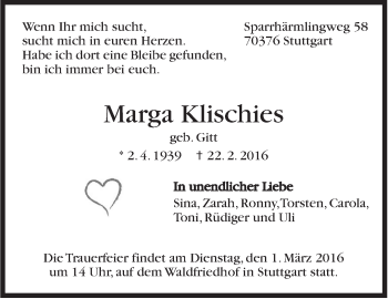 Traueranzeige von Marga Klischies von Stuttgarter Zeitung / Stuttgarter Nachrichten