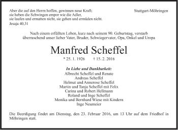Traueranzeige von Manfred Scheffel von Stuttgarter Zeitung / Stuttgarter Nachrichten