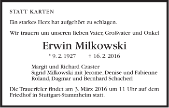 Traueranzeige von Erwin Milkowski von Stuttgarter Zeitung / Stuttgarter Nachrichten