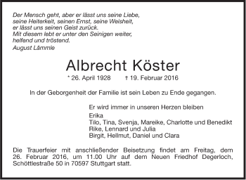 Traueranzeige von Albrecht Köster von Stuttgarter Zeitung / Stuttgarter Nachrichten